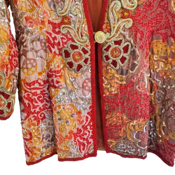 Vintage Louis Féraud 100% Silk Metallic Gold Sequins/ Beaded Jacket & Mini Dress - Picture 9 of 14